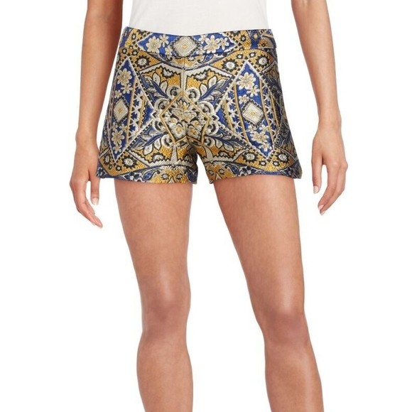 Alice + Olivia Pants - Alice + Olivia Gold Mustard Blue Baroque Jacquard Silk Woven Embroidered Shorts